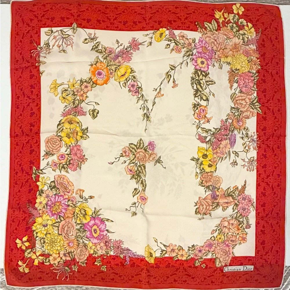 Christian Dior Floral Red and Cream Scarf